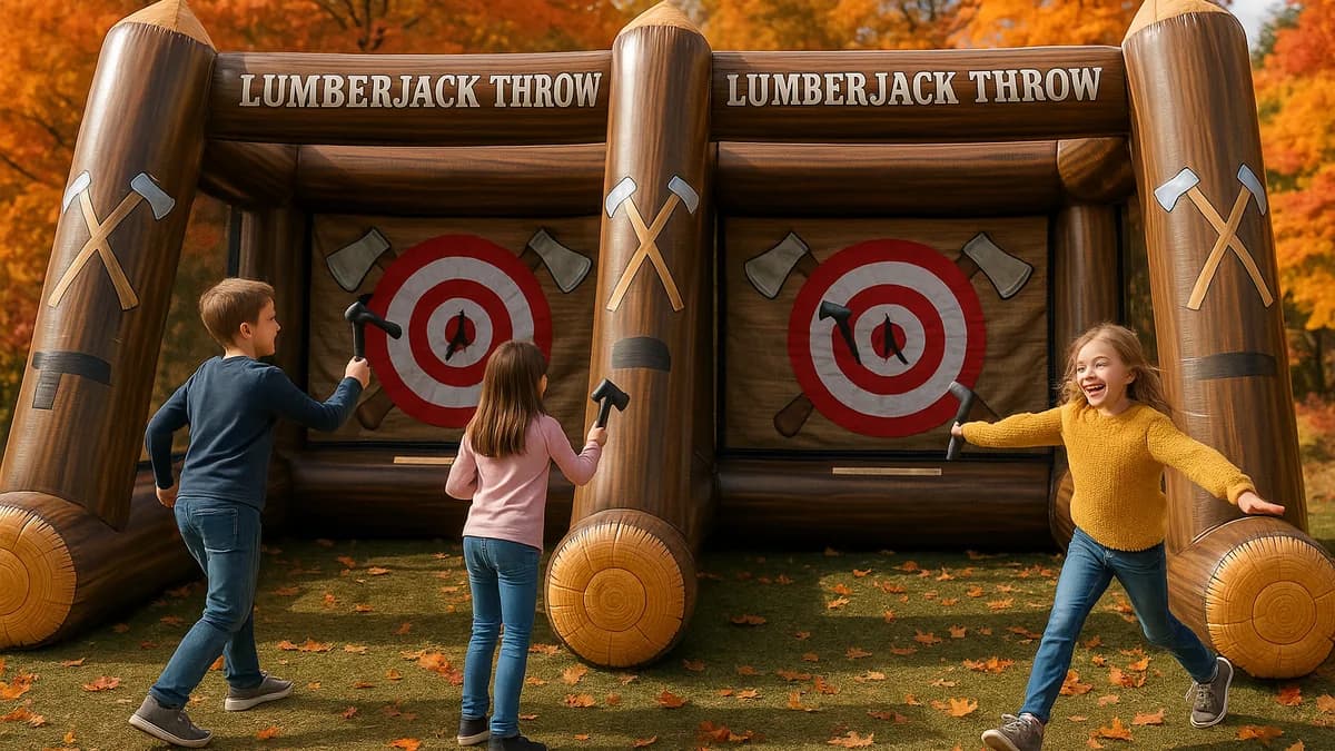 Kids throwing at the inflatable Lumberjack Throw axe targets