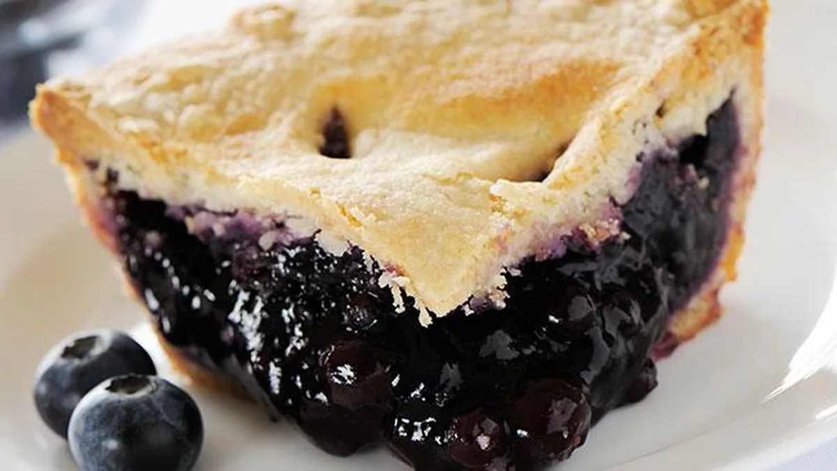 Slice of fresh-baked blueberry pie on a plate