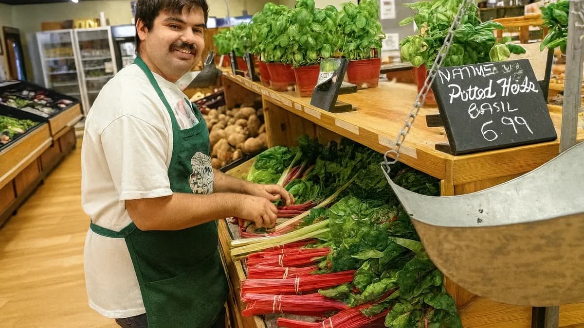 Staff member stocking fresh produce at the Confreda farm market