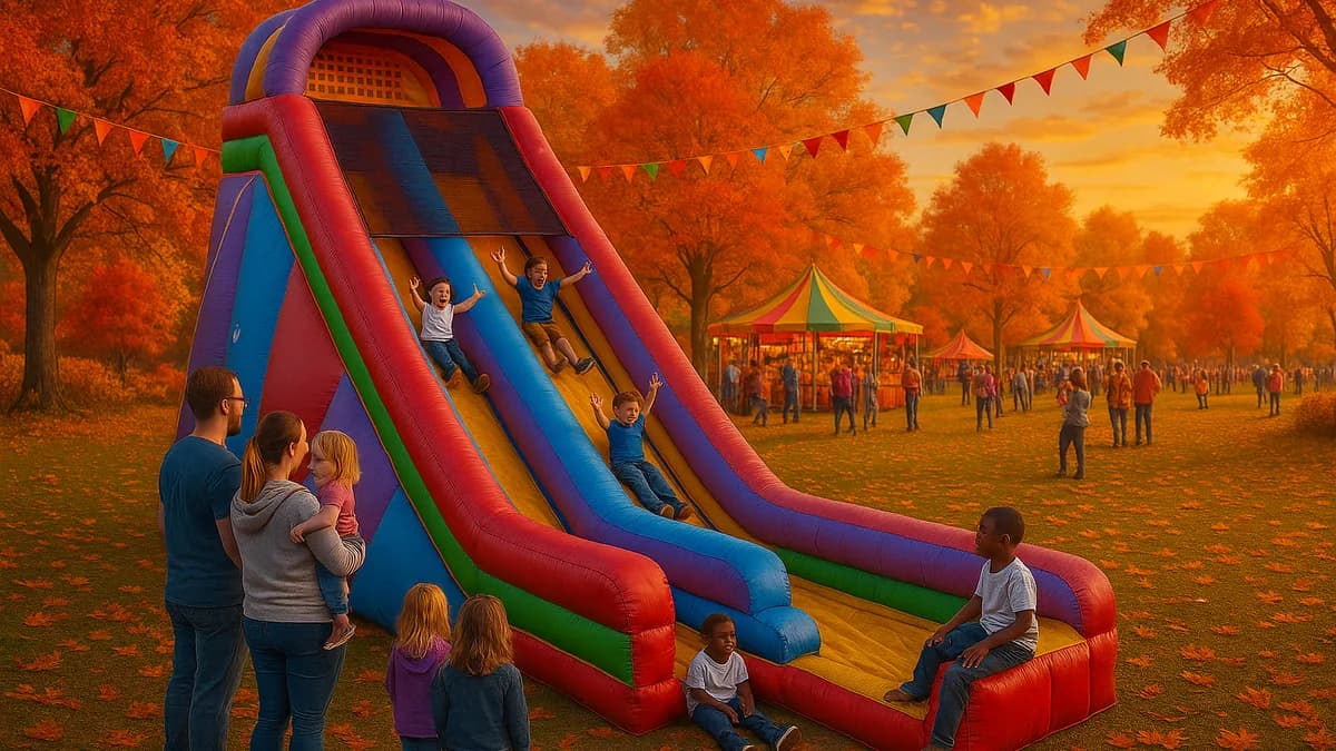 Families climbing and riding the tall inflatable slide under autumn trees